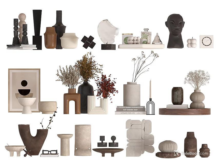 Modern Minimalist Decorative Ornament Combination With Vases Sculptures And Plant Decor 3d model 