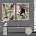 Abstract Watercolor Paintings On Gray Wall With Vase And Decorative Items