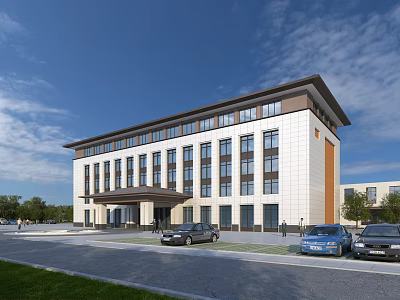 Modern Office Building With Light Dark Facade Large Windows And Parking Area 3d model