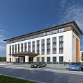Modern Office Building With Light Dark Facade Large Windows And Parking Area 3d model