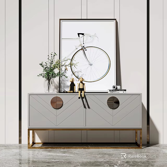 Modern Entryway Cabinet Sideboard With Geometric Design Gold Legs And Decorative Items 3d model 