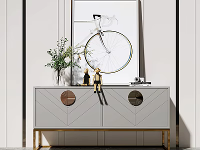 Modern Entryway Cabinet Sideboard With Geometric Design Gold Legs And Decorative Items 3d model