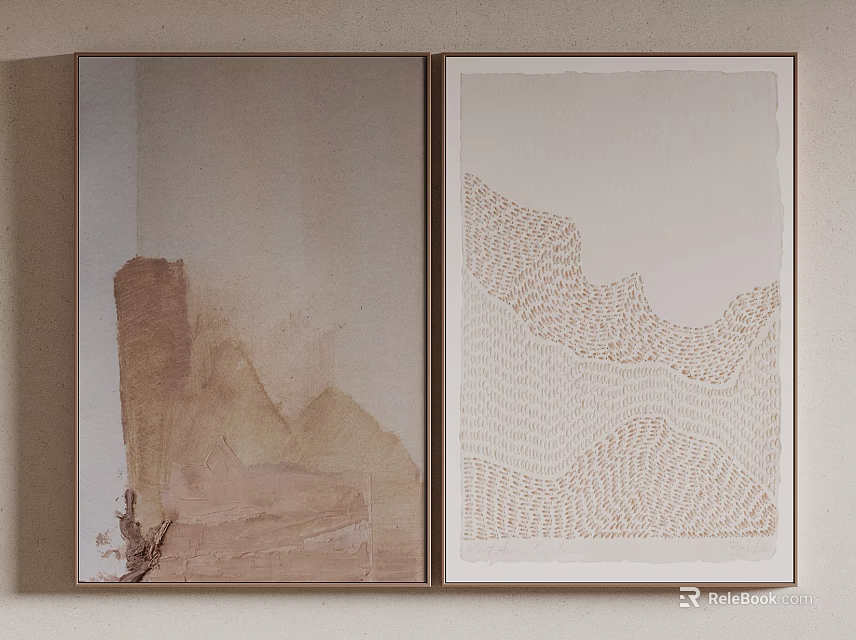 Abstract Decorative Paintings With Brown Beige Frames And White Wave Patterns On Wall 3d model