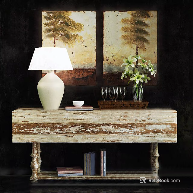 Rustic Console Table With White Lamp Green Plant Wine Glasses And Wall Paintings 3d model 