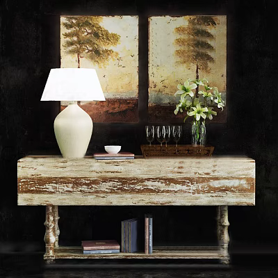 Rustic Console Table With White Lamp Green Plant Wine Glasses And Wall Paintings 3d model