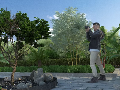 Paved Pathway Road Facilities Surrounded By Green Trees Bushes And Stones With Man Taking 3d model