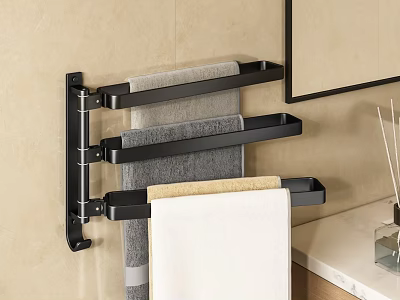 Various Colored Towels Hanging on Black Multi Tiered Wall Mounted Rack in Modern Bathroom 3d model