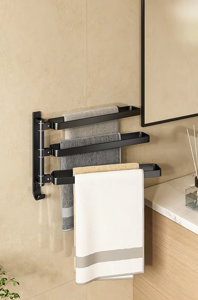 Various Colored Towels Hanging on Black Multi Tiered Wall Mounted Rack in Modern Bathroom 3d model