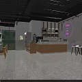 Modern Restaurant Interior With Neon Sign Hanging Lights Bar Counter Green Plants White Stools