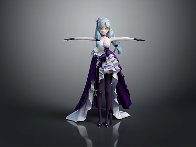 Game Character Wearing Purple White Outfit With Silver Hair Yellow Eyes Long Cape Black Stockings 3d model