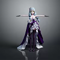 Game Character Wearing Purple White Outfit With Silver Hair Yellow Eyes Long Cape Black Stockings