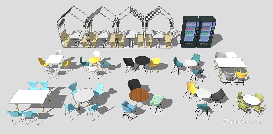 Assorted Modern Table Chair Sets Featuring Colorful Chairs And Round Tables 3d model