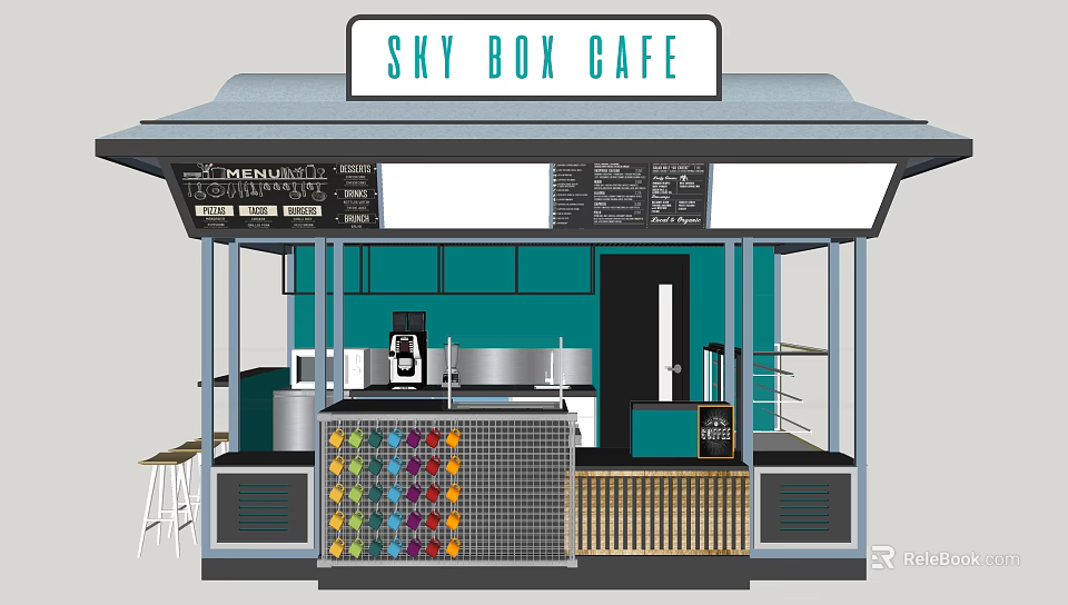 Sky Box Cafe Exterior And Interior Design With Coffee Machine And Colorful Counter 3d model 