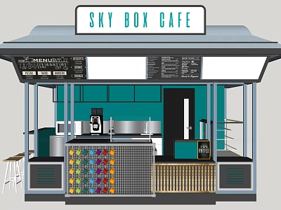 Sky Box Cafe Exterior And Interior Design With Coffee Machine And Colorful Counter 3d model