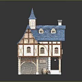 Cartoon Scene Of A House With Blue Roof Tower Wooden Elements And Steps
