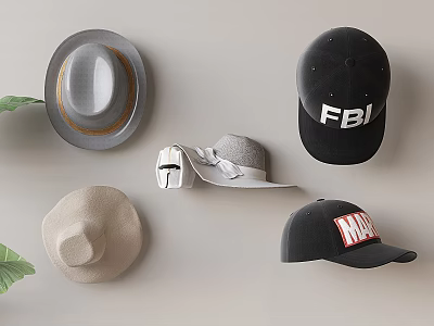 Different Types of Fashionable Hats Featuring FBI Marvel Baseball Caps Fedoras and Wide Brim Styles 3d model