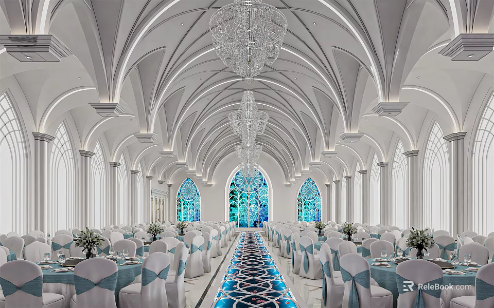 Elegant Banquet Hall Interior With Arched Ceilings Crystal Chandeliers And Stained Glass Windows 3d model 