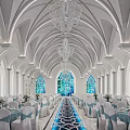 Elegant Banquet Hall Interior With Arched Ceilings Crystal Chandeliers And Stained Glass Windows