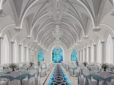 Elegant Banquet Hall Interior With Arched Ceilings Crystal Chandeliers And Stained Glass Windows 3d model