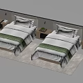Modern Bedroom Interior With Two Beds White Sheets Green Runners Nightstands Table Lamps And Carpet