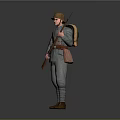 Man in Military Uniform With Vintage Hat Holding Rifle on Gray Background