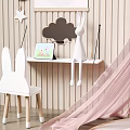Pink Canopy Tent in Kids Room with Star Pillows Cloud Decorations and White Furniture