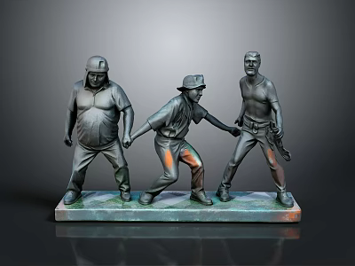 Three Men Detailed Bronze Sculpture Holding Hands On Rectangular Base 3d model