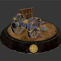 Antique Cannon with Ornate Wheels on Wooden Platform Including Cannonballs and Golden Emblem