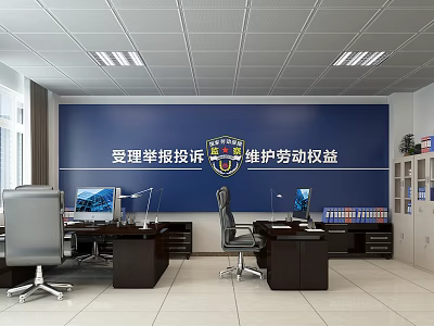 Public Office Space With Blue Background Wall Office Desks Chairs Computers And File Cabinets 3d model