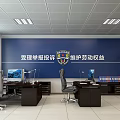 Public Office Space With Blue Background Wall Office Desks Chairs Computers And File Cabinets