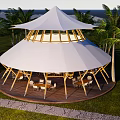 White Round Tent With Wooden Platform Surrounded by Palm Trees Outdoor Seating Area