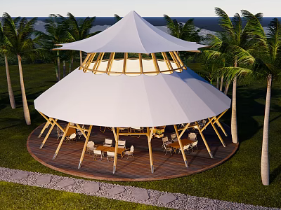 White Round Tent With Wooden Platform Surrounded by Palm Trees Outdoor Seating Area 3d model