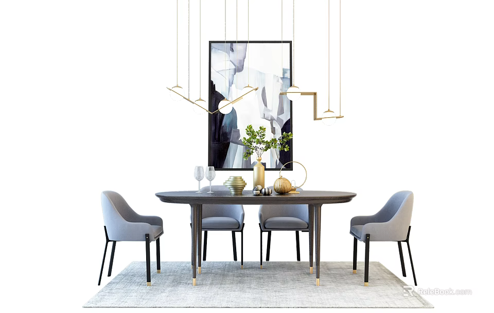 Modern Round Dining Table Set With Gray Chairs Artwork And Hanging Chandelier 3d model