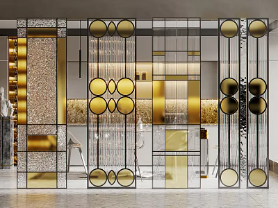 Transparent Glass Partition With Golden Circular Decorations And Geometric Metal Frames 3d model