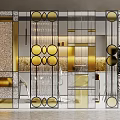 Transparent Glass Partition With Golden Circular Decorations And Geometric Metal Frames