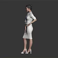 Elegant Woman in White Dress With Lanyard ID Standing Against Gray Background Wearing High Heels