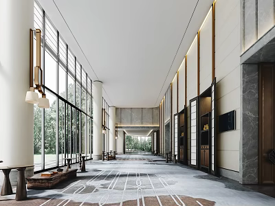 Spacious Hotel Corridor With Modern Design Natural Light And Elegant Decor 3d model