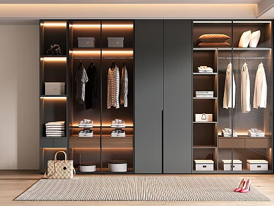 Modern Stylish Wardrobe Interior With Storage Shelves Hanging Space And Accessories 3d model