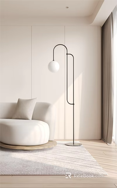 Modern Minimalist Floor Lamp With Round White Globe Shade In Bright Living Room Next To Sofa 3d model 