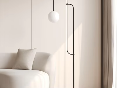 Modern Minimalist Floor Lamp With Round White Globe Shade In Bright Living Room Next To Sofa 3d model