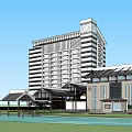 Modern Office Building Complex With Glass Curtain Walls Green Lawns And Trees
