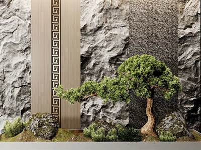 Miniature Garden Ornament Display With Bonsai Tree Rocks Moss And Decorative Wall 3d model