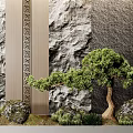 Miniature Garden Ornament Display With Bonsai Tree Rocks Moss And Decorative Wall