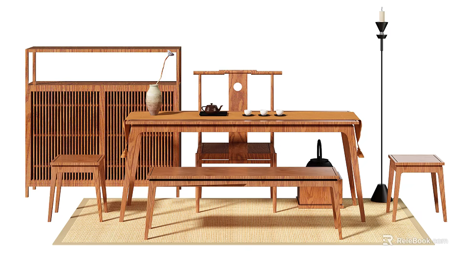 Chinese Style Solid Wood Tea Table And Chairs With Simple Design And Matching Benches 3d model