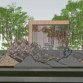 Traditional Scenic Wall Featuring Red Inscriptions Wavy Patterns Stone Mounds And Trees
