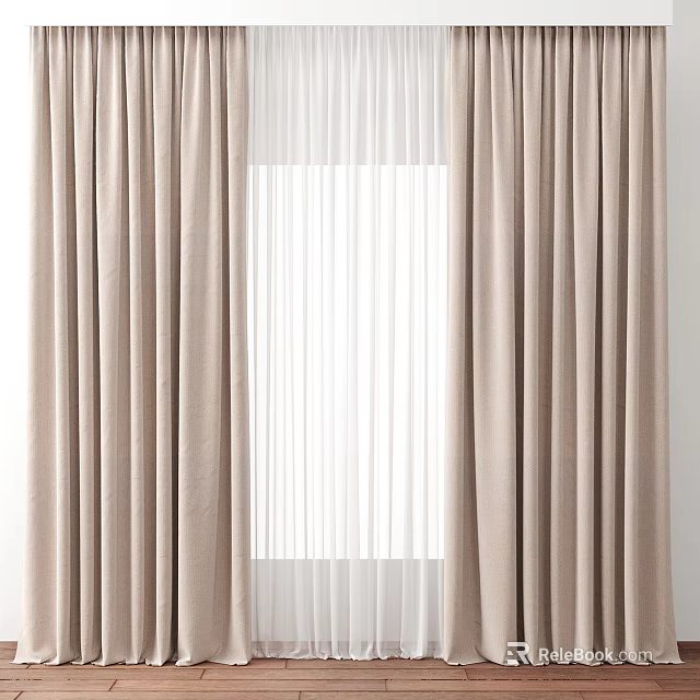 Light Beige Window Curtains With Sheer Liner For Soft Natural Light 3d model 