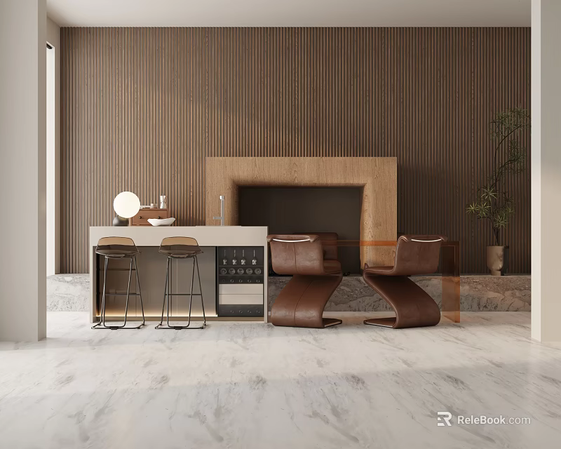 Elegant Modern Dining Table Set With Bar Stools Wine Cabinet Wooden Wall And Marble Floor 3d model 