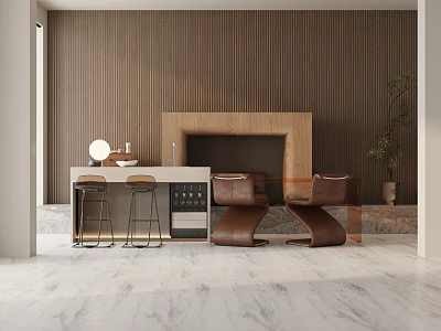 Elegant Modern Dining Table Set With Bar Stools Wine Cabinet Wooden Wall And Marble Floor 3d model