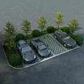 Parking Lot With Three Black Cars Green Trees And Grid Patterned Pavement