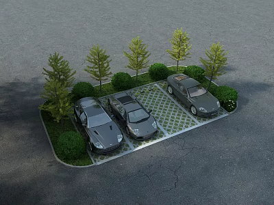 Parking Lot With Three Black Cars Green Trees And Grid Patterned Pavement 3d model